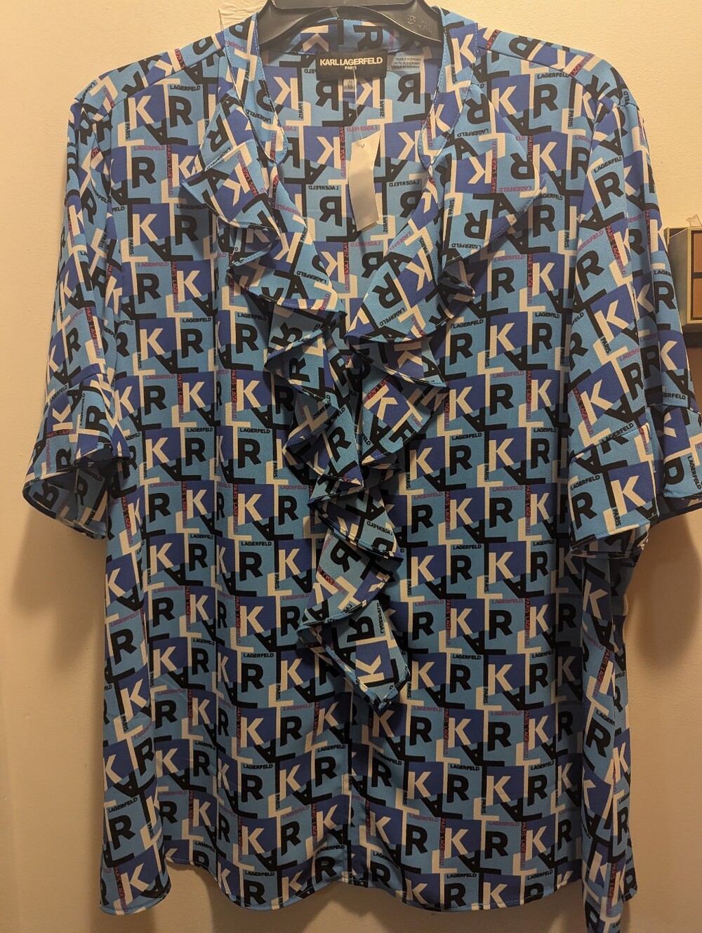 KARL LAGERFELD Women's XL Blue Graphic Logo Ruffle Short-Sleeve Shirt New